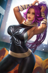 1girls armpits big_breasts bleach breasts clothed dark-skinned_female dark_skin female female_only long_hair neoartcore patreon pose shihouin_yoruichi solo source_request text watermark