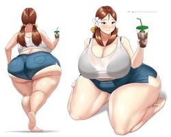 1girls ass bae_(toroboro) bbw breasts chubby cleavage denim denim_shorts female female_only huge_ass huge_breasts overweight overweight_female solo thick_thighs toroboro wide_hips