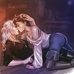 2girls ass boots breasts cd_projekt_red closed_eyes clothed female_only genderswap geralt_of_rivia hand_on_head jaskier_(the_witcher) long_hair maxkennedy rule_63 tagme the_witcher the_witcher_(netflix) the_witcher_(series) the_witcher_2 the_witcher_3:_wild_hunt yuri