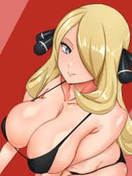 1girls big_breasts bikini blonde_hair cynthia_(pokemon) eye_contact female grey_eyes hair_ornament huge_breasts kazukine large_breasts long_hair looking_at_viewer mature_female nintendo pale-skinned_female pale_skin pokemon pokemon_dppt