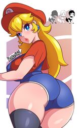 ass blonde blue_eyes breasts earrings erect_nipples female female_focus female_only huge_ass large_breasts long_hair maratiny mario_(cosplay) mario_(series) nintendo nipple_bulge overalls princess_peach solo solo_female solo_focus wide_hips