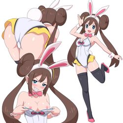 1girls areolae ass big_ass blue_eyes blush breasts brown_hair bunny_ears bunnysuit double_bun female grin long_twintails nintendo nipples pale-skinned_female pale_skin pokemon pokemon_bw2 ribbon rosa_(pokemon) smile solo thighhighs thighs twintails wasabi_joyu white_background