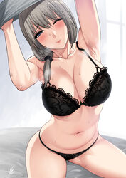 1girls armpits arms_up belly belly_button big_breasts blue_eyes bra breasts cleavage female female_only large_breasts looking_at_viewer mature_female milf mother panties removing_clothing removing_shirt solo sweat sweatdrops thighs uzaki-chan_wa_asobitai! uzaki_tsuki xter xtermination