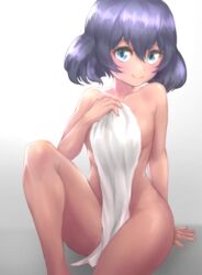 1girls artoise blue_eyes blush breasts eye_contact female looking_at_viewer medium_hair nintendo nude_female pokemon purple_hair sina_(pokemon) smile thick_thighs thighs towel