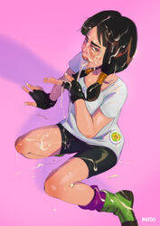 1girls black_eyes black_gloves black_hair blue_eyes bukkake cum cum_in_mouth cum_on_body cum_on_face cum_on_thighs dragon_ball dragon_ball_z eyebrows light-skinned_female looking_at_viewer mayoo open_mouth purple_background spandex straight_hair teeth tongue tongue_out twintails videl white_shirt