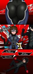 1boy 1girls akira_kurusu ass_slap atlus big_ass big_breasts censored clothed_female clothing comic female firearm handgun human humor hyoreisan instant_loss makoto_niijima male pale_skin persona persona_5 phantom_thief_suit revolver sega sexual_harassment short_hair straight weapon