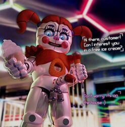 3d animatronic baby_(fnafsl) blue_eyes bodily_fluids bottomless circus_baby circus_baby_(fnaf) circus_baby_(original) clothed clothing clown clown_makeup clown_nose cum dessert five_nights_at_freddy's food full_color futa_only futanari genital_fluids genitals hair herm humanoid ice_cream intersex looking_at_viewer machine microphone penis red_clothing red_hair robot scottgames sister_location solo video_games weirdosfm white_body