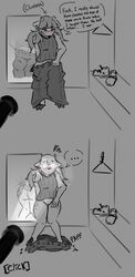 ! anthro baggy_clothing cervid clothing comic confusion dialogue dressing_room_(disambiguation) embarrassed empskit female flashlight genitals hi_res hypnosis mammal mind_control mirror pussy shocked solo wide_hips