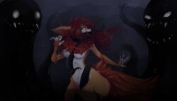 absurd_res anthro bound breasts canid canine chest_tuft chimaxxxu clothing consensual_tentacles covering covering_mouth female fox fur hair hi_res mammal nipples nude orange_body orange_fur pink_eyes red_hair solo swimwear tentacle tentacle_monster tuft video_games water white_body white_fur zerena