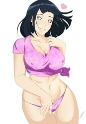 1girls big_breasts bikini bikini_bottom blush bob_cut boruto:_naruto_next_generations breasts cleavage erect_nipples erect_nipples_under_clothes female female_only heart hyuuga_hinata looking_at_viewer naruto naruto_(series) nipples purple_hair shirt smile tied_shirt violet_eyes zorzero