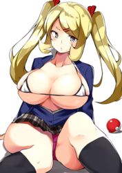 1girls 2020 alternate_hairstyle bikini bikini_top blonde_hair blush breasts cleavage clothed_female cynthia_(pokemon) female female_focus female_only grey_eyes hairclip highres kneehighs large_breasts micro_bikini microskirt mituyota_76 nintendo nipples open_clothes open_mouth panties pantyshot pantyshot_(sitting) pink_panties poke_ball pokemon pokemon_dppt school_uniform sideboob simple_background sitting skirt solo solo_focus swimsuit thick_thighs thighs tied_hair tight_clothing twintails underboob underwear uniform white_background white_bikini