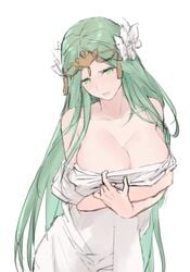 big_breasts cleavage dress fire_emblem fire_emblem:_three_houses flower flower_in_hair green_eyes green_hair huge_breasts kisetsu large_breasts lips long_hair nabatean_(fire_emblem) nintendo rhea_(fire_emblem) undressing very_long_hair