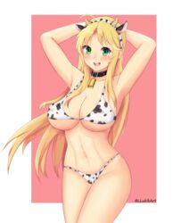 abs bell big_breasts blonde_hair blush collar cow_bikini cow_ears cow_girl cow_girl_outfit cow_horns cow_print cow_print_bikini cowbell green_eyes katsuragi_(senran_kagura) llukik senran_kagura senran_kagura_(series)