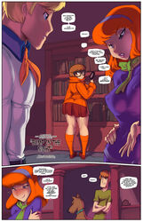 2boys 2girls blonde_hair blue_eyes blush brown_eyes brunette bump_in_the_night_(comic) comic daphne_blake english_text female fred_jones fred_perry glasses hanna-barbera human long_hair male meme miniskirt nipple_bulge purple_eyes red_hair scooby-doo scooby-doo_(character) shaggy_rogers smile speech_bubble sweater text velma_dinkley voluptuous