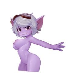 1girls ass big_breasts big_ears breasts female female_focus female_only league_of_legends looking_at_viewer naked navel nipples nude purple_skin riot_games sangobob shortstack smile solo solo_female solo_focus tristana white_hair yellow_eyes yordle