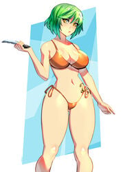 1girls big_breasts bikini breasts cleavage female green_hair hi_res hikage_(senran_kagura) holding_object knife looking_at_viewer pinup pose senran_kagura shiny_skin short_hair side-tie_panties solo solo_focus standing xdtopsu01 yellow_eyes