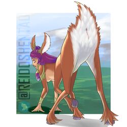 1girls centaur centauress centauride centauroid deer female furry hairy league_of_legends lillia_(league_of_legends) purple_eyes purple_hair reidoshentao solo_female tagme taur