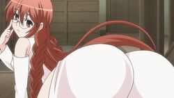 animated ass brown_hair clothed clothing curvy dat_ass dress female from_behind gif glasses huge_ass indoor long_hair looking_back matsu_(sekirei) screencap sekirei smiling thick_thighs twintails