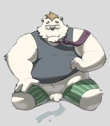 2020 anthro balls belly chuanen948 clothing eyewear flaccid fur genitals glasses kemono male male_only mammal overweight overweight_anthro overweight_male penis shirt simple_background solo topwear underwear ursid white_body white_fur