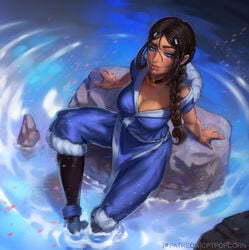 avatar_the_last_airbender blue_eyes breasts brown_hair brown_skin clothing cptpopcorn dark-skinned_female dark_skin katara large_breasts lingerie pinup_girls straight_hair suntan water