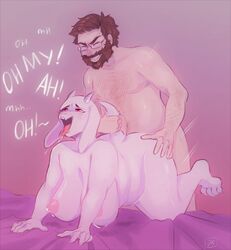 abryssle anthro beard big_breasts bovid breasts caprine chubby commission darkriallet from_behind_position furry glasses goat hanging_breasts horns lactation long_ears looking_pleasured mammal milk moaning nipples original original_character pulling_tail red_eyes rough_sex self_insert straight tail thick thick_thighs tongue_out toriel undertale white_fur