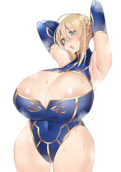 artoria_pendragon artoria_pendragon_(lancer) big_breasts clothed_female fate/grand_order fate_(series) female female_focus female_only kobo_(cobo_0609) nipples simple_background solo solo_female solo_focus steam sweat white_background