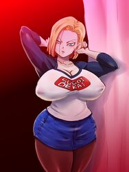 1girls android_18 big_breasts blonde_hair blue_eyes breasts cameltoe cleavage cosplay curvy dragon_ball dragon_ball_z erect_nipples female female_only huge_areolae huge_breasts large_breasts nipple_bulge puffy_nipples rickert_kai short_hair shounen_jump straight_hair sugoi_dekai thick_lips uzaki-chan_wa_asobitai uzaki-chan_wa_asobitai! uzaki_hana_(cosplay) voluptuous wide_hips