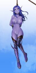 1:2 asphyxiation bare_shoulders big_breasts blizzard_entertainment blue_background blue_hair blush bodily_fluids boots breasts clothed clothing cum cum_on_breasts cum_on_pussy cum_on_stomach dark_elf death dying elf empty_eyes exp female female_death footwear genital_fluids genitals gore gradient_background hair hands_behind_back hanged humanoid humanoid_pointy_ears imminent_death long_boots long_hair mostly_nude navel night_elf nipples noose purple_body purple_nipples pussy restrained rope saliva simple_background snuff solo tears topless video_games warcraft world_of_warcraft