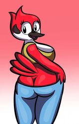 anthro ass ass_cleavage avian beak big_breasts big_butt bird black_eyes breasts butt_crack cartoon_network clothed clothing exposed_butt feathers female hand_on_hip hi_res looking_at_viewer looking_back margaret_smith_(regular_show) non-mammal_breasts open_mouth oscine pants_down partially_clothed passerine presenting presenting_hindquarters rear_view red_background red_body red_feathers regular_show robin_(bird) simple_background solo someth1ngoranother standing thick_thighs tight_clothing tongue wide_hips