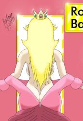 1girls ass ass_cleavage back back_view backboob blonde_hair breasts butt_crack clothing crown dress facing_away female female_only gown long_hair mario_(series) nintendo open_clothes pink_dress princess_peach pulling_down_dress solo standing tiara undressing unzipped unzipping zipper zipper_pull_tab