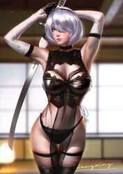 1girls big_breasts bra breasts cleavage female female_only large_breasts liang_xing lingerie nier nier:_automata panties thighhighs yorha_2b