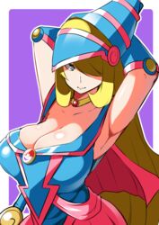 1girls 2020 armpits arms_behind_head arms_up bare_shoulders blonde_hair breasts choker cleavage clothing cosplay crossover cynthia_(pokemon) dark_magician_girl_(cosplay) dress female female_only grey_eyes hair_over_one_eye helmet highres jewelry large_breasts long_hair mituyota_76 nintendo poke_ball_symbol pokemon pokemon_dppt purple_background shounen_jump simple_background solo staff very_long_hair white_border yu-gi-oh!