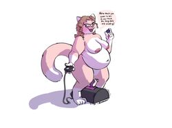 big_belly big_breasts blueberry chubby_female curly_hair dildo feline furry glasses looking_to_the_side mayzie_(nsfwlk) nsfwlk speech_bubble sybian tail talking