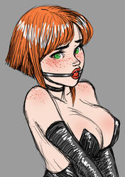 ball_gag bondage breasts cleavage female femsub freckles gag green_eyes orange_hair original original_character ssssmudger