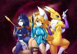 absurd_res anthro anthrofied armor armwear ass atticuskotch back_to_back big_ass bikini blaster blonde_hair bottomless bounty_hunter breasts butt_heart canid canine chest_tuft clothed clothing digimon digimon_(species) duo female female_fox fox fur furrification furry group gun hair hand_on_hip hi_res krystal leg_tattoo leotard loincloth looking_at_another looking_at_viewer looking_back mammal metroid nebula nintendo one-piece_swimsuit panties presenting presenting_hindquarters raised_tail ranged_weapon renamon rubber samus_aran science_fiction screw_attack space staff star star_fox swimwear tail_tuft tails_touching tattoo thick_ass thick_tail thick_thighs tight_clothing touching_thigh tuft unconvincing_armor underwear video_games weapon wide_hips yellow_body yellow_fur yin_yang zero_suit