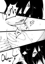 2boys ass ass_grab balls black_and_white black_hair comic doujinshi english_text erection fellatio hand_on_ass male multiple_boys naruto naruto_shippuden nude open_mouth oral oral_sex penis saliva sucking sweat tagme text uchiha_itachi uchiha_shisui yaoi