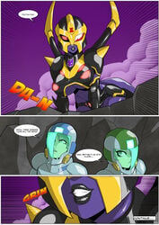 1boy 2girls aged_up big_ass big_breasts black_lips blackarachnia breasts comic cybertronian decepticon english english_text female female_focus full_body hasbro hourglass_figure imminent_ara_ara imminent_rape jack_darby licking_own_lips lips looking_at_another mad-project male miko_nakadai multicolored_body multiple_girls older_female purple_body red_eyes robot_girl spacesuit speech_bubble spying takara_tomy text text_bubble transformers transformers_animated transformers_prime underboob