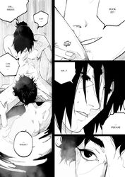 2boys black_and_white black_hair comic doujinshi english_text erection male multiple_boys naruto naruto_shippuden nude penis penis_grab sweat tagme text uchiha_itachi uchiha_shisui yaoi