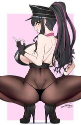 1girls big_ass big_breasts big_butt black_thong dark_hair fate/grand_order fate_(series) high_heels j.k. looking_at_viewer looking_back pantyhose police_uniform policewoman ponytail sesshouin_kiara sesshouin_kiara_(swimsuit_mooncancer)_(fate) sideboob squatting streaked_hair thong yellow_eyes