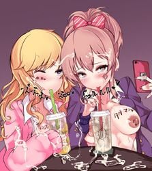 2girls ahe_gao areolae blonde_hair blue_eyes blush blushing body_writing breasts clothing cum cum_drinking cum_in_container cum_in_mouth cum_on_body cum_on_breasts cum_on_clothes cum_on_face cum_on_hair cum_on_hand cum_on_upper_body cup drinking drinking_cum drinking_pee drinking_urine eyebrows_visible_through_hair female female_only gokkun hair hair_ribbon heart heart-shaped_pupils holding_phone long_hair multiple_girls nipple_piercing nipples one_eye_closed pee_drink peeing peeing_in_cup pink_hair pink_nails piss_drinking puni_puni_tofu ribbon ring selfie smartphone straw stray_pubic_hair unusual_pupils urination urine urine_in_container urine_in_cup yellow_eyes