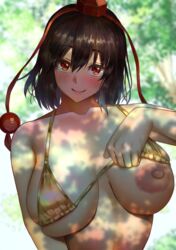 1girls areolae bikini black_hair blurry blurry_background blush breasts dappled_sunlight day exhibitionism hat inui_(shirakawa777) large_areolae large_breasts medium_hair nipples oppai_challenge outdoors public_nudity red_eyes shameimaru_aya skindentation smile solo sunlight swimsuit thick_nipples tokin_hat touhou tree upper_body