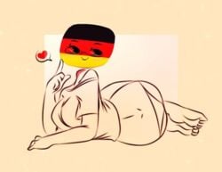 1girls countryhumans countryhumans_girl feet flawsy german_flag germany germany_(countryhumans) glasses heart laying_down shirt yellow_background