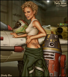 1girls a-wing ass astromech_droid aurebesh blonde_hair breasts brown_eyes clone clothed clothes clothing crop_top curly_hair droid english_text erect_nipples erect_nipples_under_clothes female female_only flygirl green_clothing hand_on_hip hangar helmet_removed indoors jumpsuit light-skinned_female light_skin looking_at_viewer looking_back looking_back_at_viewer natalie_portman nipples nipples_visible_through_clothing open_mouth original_character pants_down pilot pilot_suit rebel rebel_pilot robot sci-fi science_fiction scifi shabby_blue shirt shirt_down short_hair sleeveless_shirt small_ass small_breasts spaceship standing star_wars tally_nixx tattoo teeth text tramp_stamp vehicle white_shirt x-wing