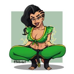 asymmetrical_hair big_breasts black_hair brazilian brazilian_female breasts brown_eyes cleavage clothed clothing cornrows dark_skin female female_only hair large_breasts laura_matsuda lipstick long looking_at_viewer muscular muscular_female nudbud solo squatting street_fighter street_fighter_v