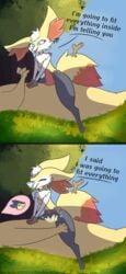 2koma 9:19.5 absurd_res anthro bodily_fluids braixen cowgirl_position duo english_text female feral hi_res kittenyartz male mammal nintendo on_bottom on_top pokemon pokemon_(species) sex straight text typhlosion video_games