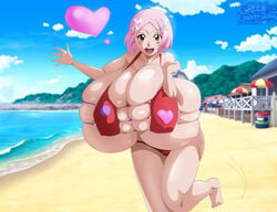 beach bleach gigantic_breasts greengiant2012 heart huge_breasts kusajishi_yachiru large_breasts looking_at_viewer pink_hair short_hair smile