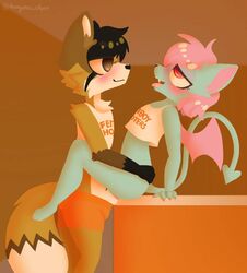 anonymous_cherr_(artist) anthro black_hair blue_body blue_skin brown_body brown_eyes brown_fur canid canine chiropteran colored_nails duo femboy_hooters fox fur girly hair male male/male mammal nails pink_eyes pink_hair terry_bat