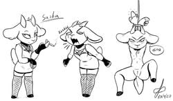 angry anthro bovid caprine clothing female fishnet fishnet_legwear genitals goat hi_res legwear mammal model_sheet monochrome nude pussy sasha_the_goat simple_background smoking solo suspension twtr