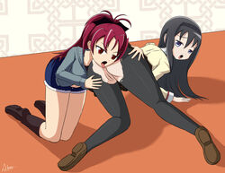 2girls akemi_homura all_fours anilingus anus ass ass_grab atnog bent_over black_hair clothed_sex clothing female_only hairband hairbow hands_on_ass kneeling long_hair mahou_shoujo_madoka_magica multiple_girls no_panties oerba_yun_fang on_knees open_mouth oral ponytail purple_eyes pussy red_eyes red_hair rimjob rimming ripped_clothing ripped_pantyhose sakura_kyouko surprised tongue tongue_out yuri