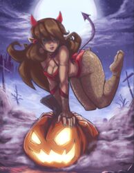 big_ass black_eyes black_sclera brown_hair butt charlotte_mors cleavage cloud cross devil_horns devil_tail fang feet feet_up female fishnets floating fog gravestone graveyard halloween halloween_costume jack-o'-lantern leggings legwear lipstick long_brown_hair long_hair moon nail_polish night night_sky oc original original_character outdoors pine_tree pinup pointy_ears pumpkin red_clothing reliusmax sky soles succubus tattoo thick thick_thighs toes tree